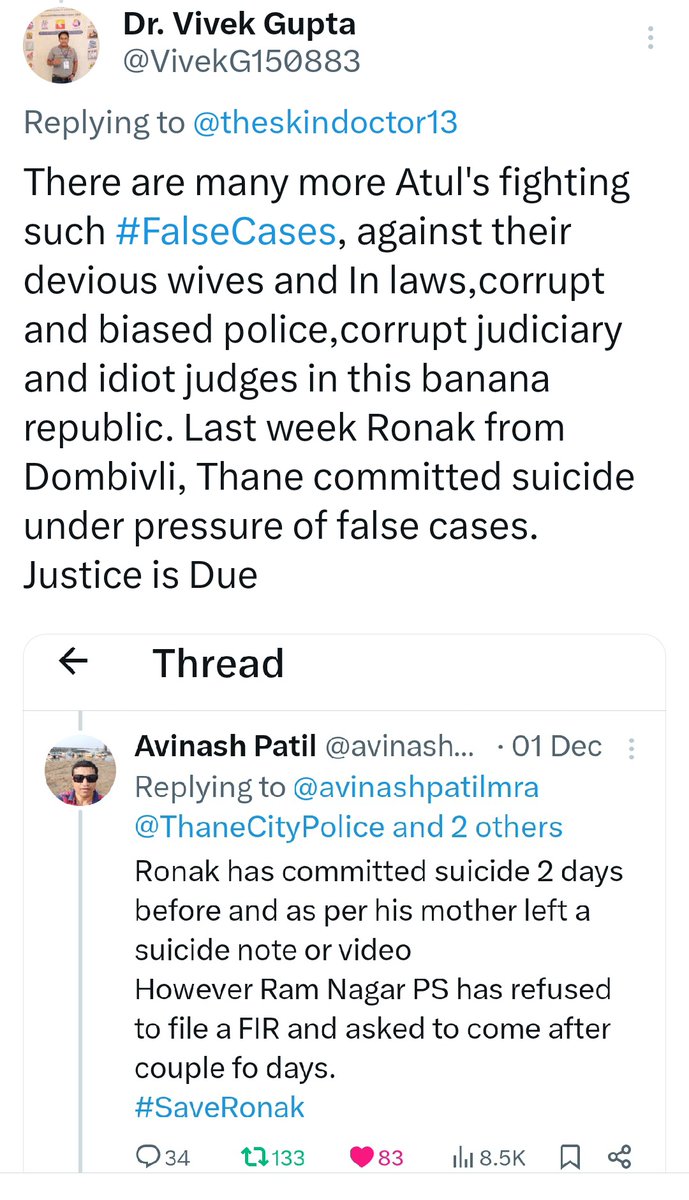 VivekG150883's tweet photo. @ShivAroor @IndiaToday There are many more Atul's. #Savethem from #FalseCases
#BaisedJudiciary.
Make report cover such news of men's committed suicides due to #Falsecaes.
Cover the stories of innocent men and families who are fighting against false case #GenderBiasedLaws
@vaastavngo
#RIPAtulSubhash https://t.co/EdfimLEDIf