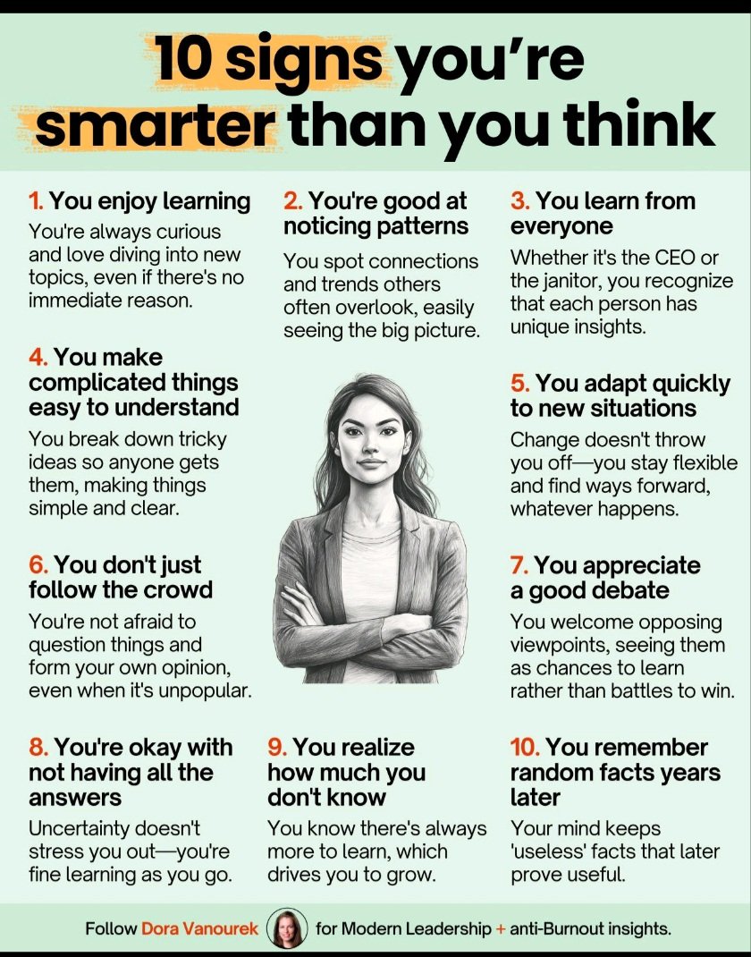 🌟 Unlock your potential! 🌟 

Discover the 10 SIGNS YOU ARE SMARTER THAN YOU THINK in our latest infographic by Dora Vanourek. 

Join the global ELT community at eltaction.com and recognize your unique strengths! 💡✨ 

#ELT #Education #DoraVanourek #Infographic