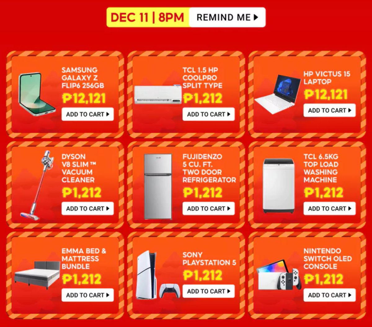 DEC 11, RUSH DEALS 8PM!

samsung: s.shopee.ph/5KvMEWTbCr
tcl: s.shopee.ph/1LPDTHTHUx
hp: s.shopee.ph/qSwsNZBFZ
dyson: s.shopee.ph/9pNlavrEXa
fujidenzo: s.shopee.ph/4pz5dksGVv
tcl washing machine: s.shopee.ph/40PyeEdVIA
emma bundle: s.shopee.ph/2qE1G6qLB4
sony: