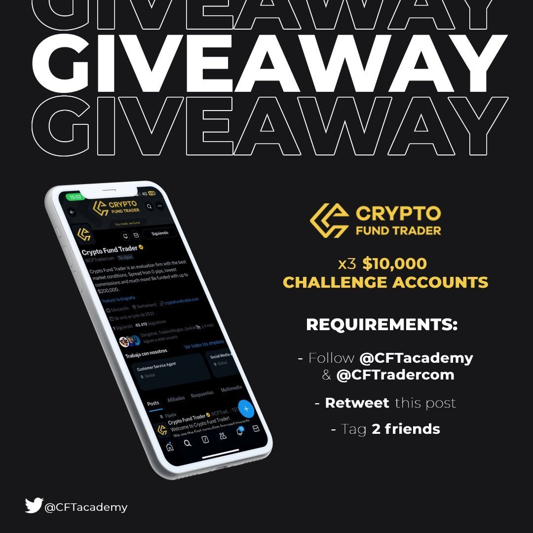 GIVEAWAY! 🚨

3x10k in challenge accounts.

Requirements:

- Follow: <a href="/CFTradercom/">Crypto Fund Trader</a> &amp; <a href="/CFTacademy/">CFT Academy</a>
- Tag 2 friends
- Repost

Good luck to everyone!