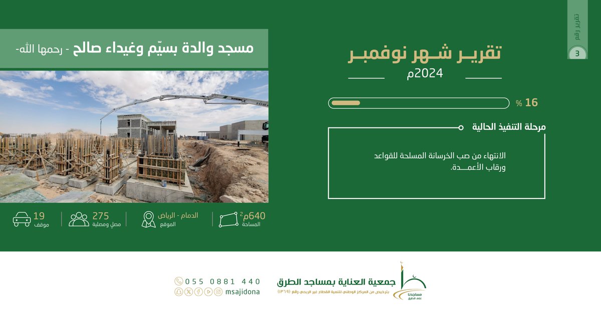 msajidona's tweet photo. 🛠️

تقرير مسجد والدة بسيّم وغيداء صالح - رحمها الله
لشهر نوفمبر 2024م

الواقع على طريق #الدمام - #الرياض

نسبة الإنجاز: %16

#مساجدنا_على_الطرق https://t.co/Zkuyq7fE4z