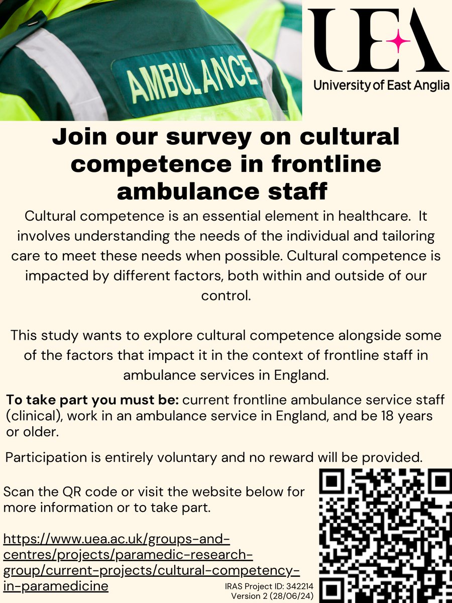 Please consider completing the survey below relating to cultural competence in ambulance workers. Paramedic PhD student Hafsa Mahumud is undertaking this project and needs as many responses as possible. This is a nationwide study and the first of it's kind in the UK. Pls share!