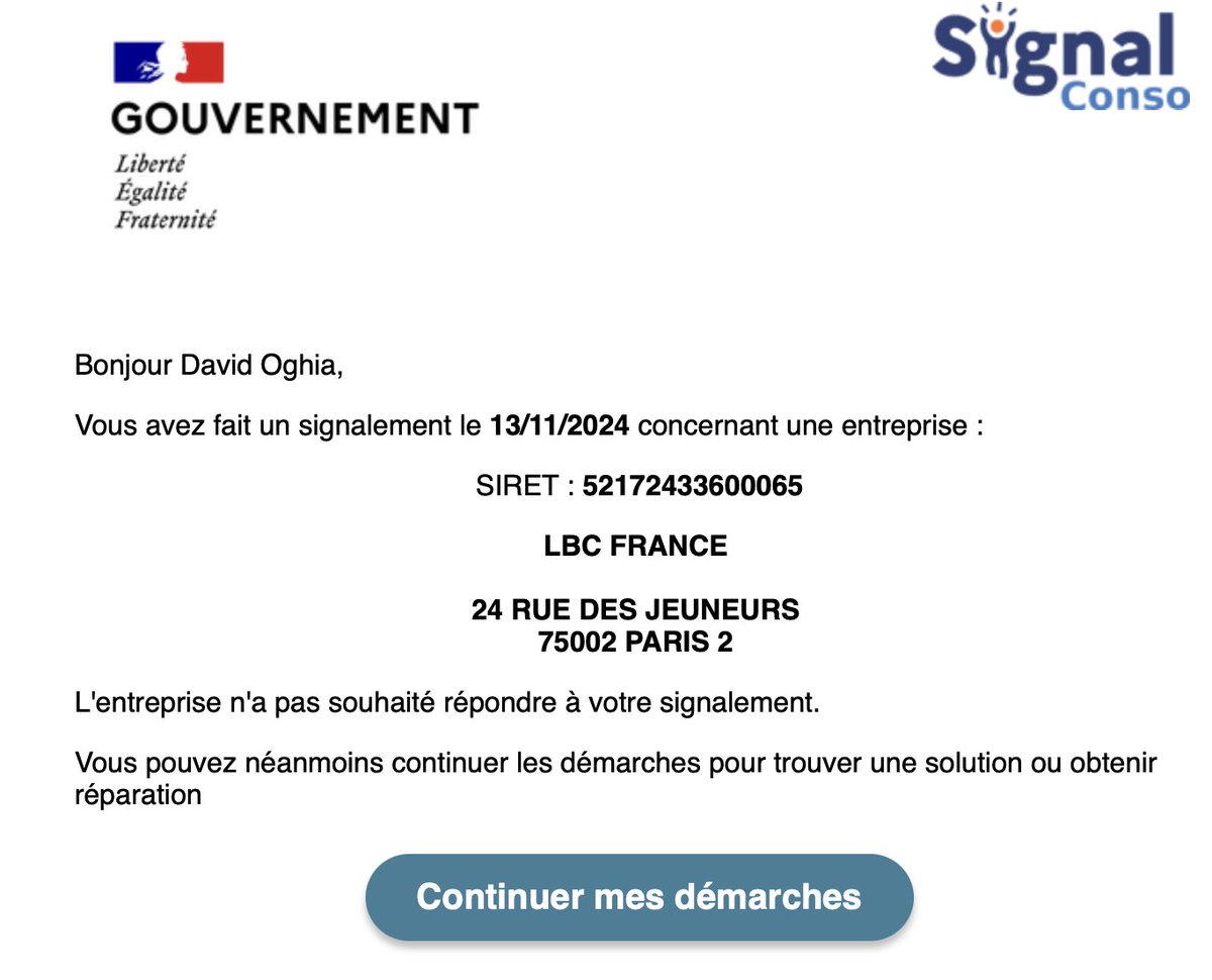 DavidOghia's tweet photo. Hier j'ai reçu un mail de la part de Signal Conso. Comme je le prévoyais, @leboncoin n'a pas souhaité répondre à mon signalement... et bien je vais contacter le médiateur et j'irai jusqu'au procès. Cette boite qui agit en toute impunité, c'est vraiment honteux! https://t.co/pCivOOqUVv