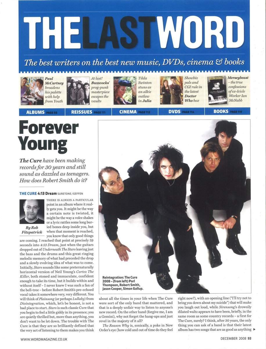 TheCureForever_'s tweet photo. Forever Young: The Cure, after 30 years, still dazzles like teenagers. Word Magazine (December 2008) explores their timeless magic and the brilliance of 4:13 Dream.
#TheCure #RobertSmith #WordMagazine #413Dream #TimelessMusic https://t.co/P4bftBkgSq
