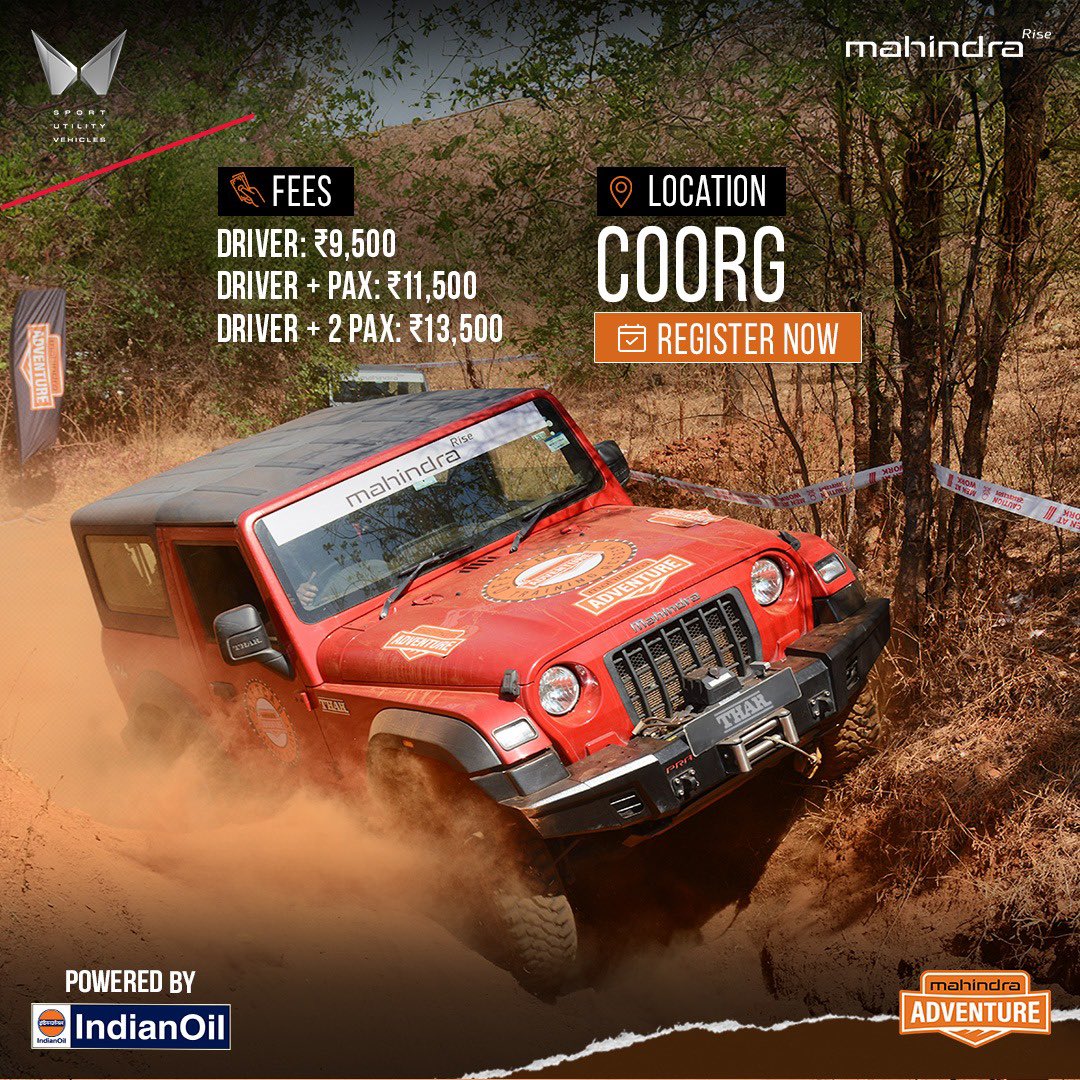 MahindraAdvntr's tweet photo. From your first muddy splash to mastering those steep climbs, you'll go from rookie to road warrior in no time only at #GettingDirtyCoorg.

Meet us in Coorg on 28th Dec 2024. Link in bio.

#MahindraAdventure #Adventure #4x4 #Offroading #Coorg #Karnataka https://t.co/Qd1V57kvka