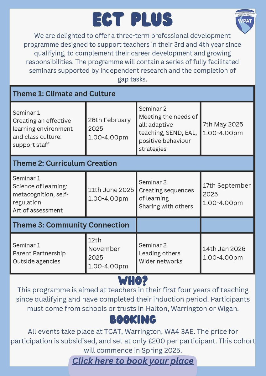 Warrington Primary Academy Trust (@wpat_) on Twitter photo Launching Spring 2025!
ECT Plus - a CPD programme developed due to local demand, facilitated by experienced leaders. ECT Plus is designed for teachers post-professional induction.
<a href="/TCATchallenge/">The Challenge Academy Trust</a> <a href="/GolborneHigh/">Golborne High School</a> <a href="/LuntsHeathSch/">Lunt'sHeathSch</a> <a href="/FarnworthCEP/">Farnworth CE Primary</a>
BOOK HERE: buff.ly/3VuTTGB Launching Spring 2025!
ECT Plus - a CPD programme developed due to local demand, facilitated by experienced leaders. ECT Plus is designed for teachers post-professional induction.
<a href="/TCATchallenge/">The Challenge Academy Trust</a> <a href="/GolborneHigh/">Golborne High School</a> <a href="/LuntsHeathSch/">Lunt'sHeathSch</a> <a href="/FarnworthCEP/">Farnworth CE Primary</a>
BOOK HERE: buff.ly/3VuTTGB