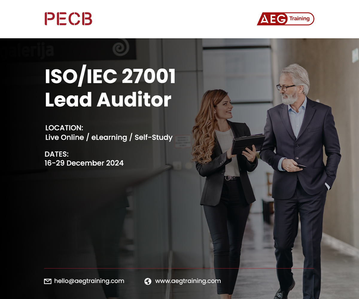 PECB (@pecb) on Twitter photo Join our partner AEG Training on their upcoming ISO/IEC 27001 Lead Auditor training course.
For additional information please contact hello@aegtraining.com Join our partner AEG Training on their upcoming ISO/IEC 27001 Lead Auditor training course.
For additional information please contact hello@aegtraining.com