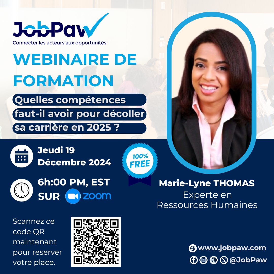 Le jeudi 19 décembre 2024, à 6h PM, sur zoom, Rejoignez-nous pour un webinaire de formation exclusif autour du sujet : Quelles compétences faut-il avoir pour décoller sa carrière en 2025 ? 
Inscrivez-vous maintenant via ce lien: zoom.us/meeting/regist…