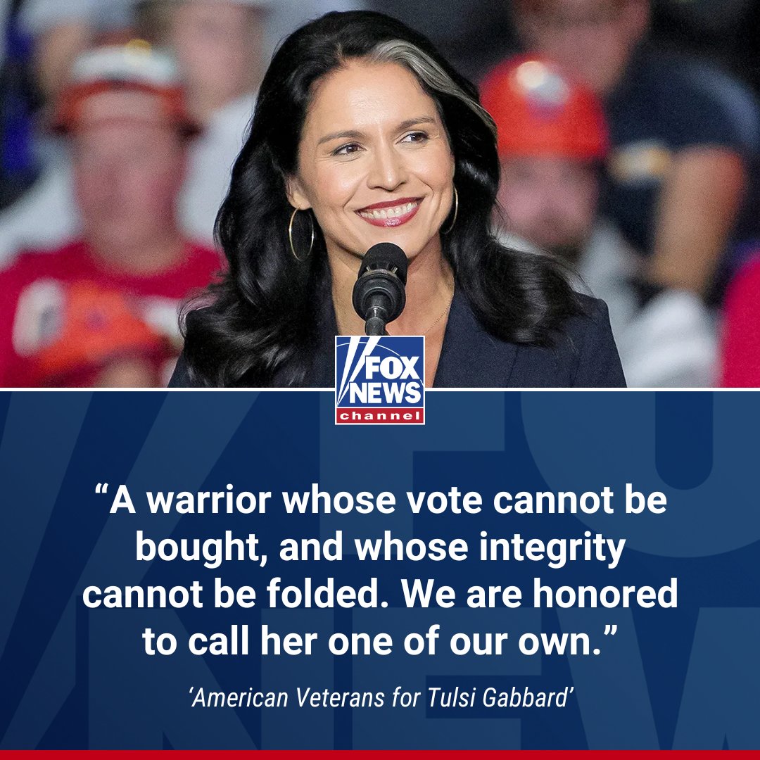 FoxNews's tweet photo. 'FEARLESS': The former Dem who switched to the Republican Party was hailed by veterans as a "rare blend of selflessness, courage, and leadership" following her nomination as director of national intelligence. Read the letter obtained by FOX News Digital. https://t.co/mnUJ72Fhox https://t.co/Ov9Khzz8DU