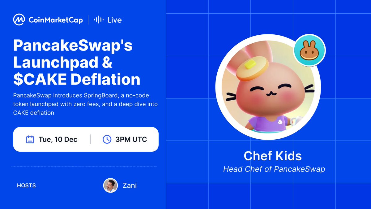 CoinMarketCap's tweet photo. [CMC Live] @PancakeSwap is simplifying token launches with SpringBoard.

📍 Set a reminder and tune in at: https://t.co/rj1GsAfQk2

🔥 Explore the no-code, zero-fee launchpad and delve into $CAKE's deflationary features.

🎙️ Exclusive on #CMCLive https://t.co/OUYxnwdHkJ