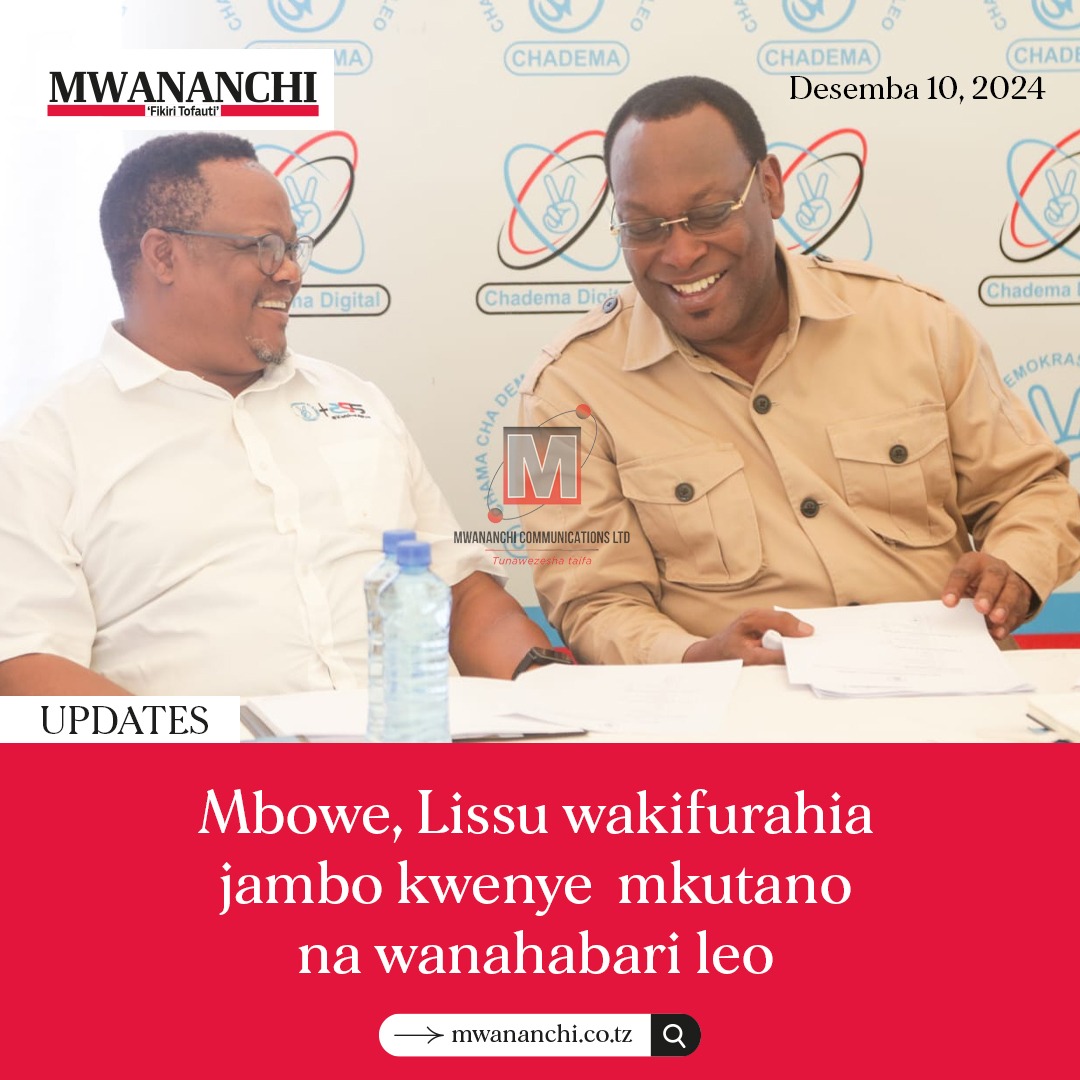 MwananchiNews's tweet photo. Mwenyekiti wa Chadema, Freeman Mbowe akifurahia jambo na Tundu Lissu ambaye ni Makamu Mwenyekiti wa chama hicho wakati wa mkutano na waandishi wa habari uliofanyika jijini Dar es Salaam. Mkutano huo pamoja na mambo mengine ulijikita kuzungumzia kuhusu uchaguzi wa serikali za mtaa uliofanyika Novemba 27,2024. Picha na Michael Matemanga
#mwananchiupdates
#tunaliwezeshataifa
