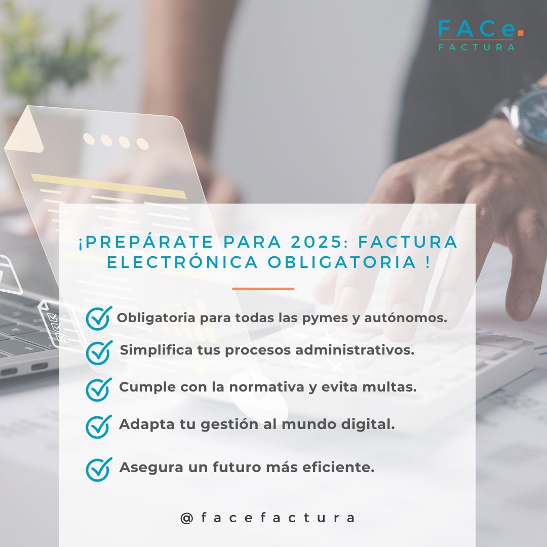 FaceFactura's tweet photo. 📢 En 2025, la factura electrónica será obligatoria.
💻 Prepárate, digitaliza tu negocio y evita sanciones. https://t.co/0h53KSLcdp