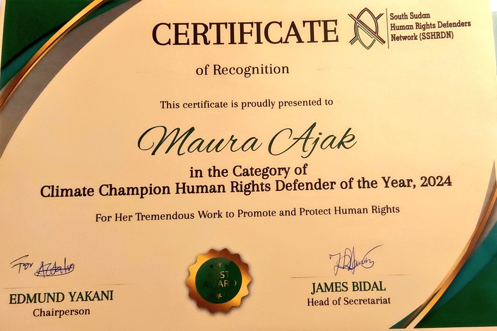 Maura_Ajak89's tweet photo. I'm humbled and honoured to receive the "Climate Champion Human Rights Defender of the Year Award"  @sshrdNetwork 
This is a reflection of a team work, efforts &amp; support. I'm dedicating this recognition to the people who were part of my journey.
#InternationalHumanRightsDay2024 https://t.co/H2evkwRjfH