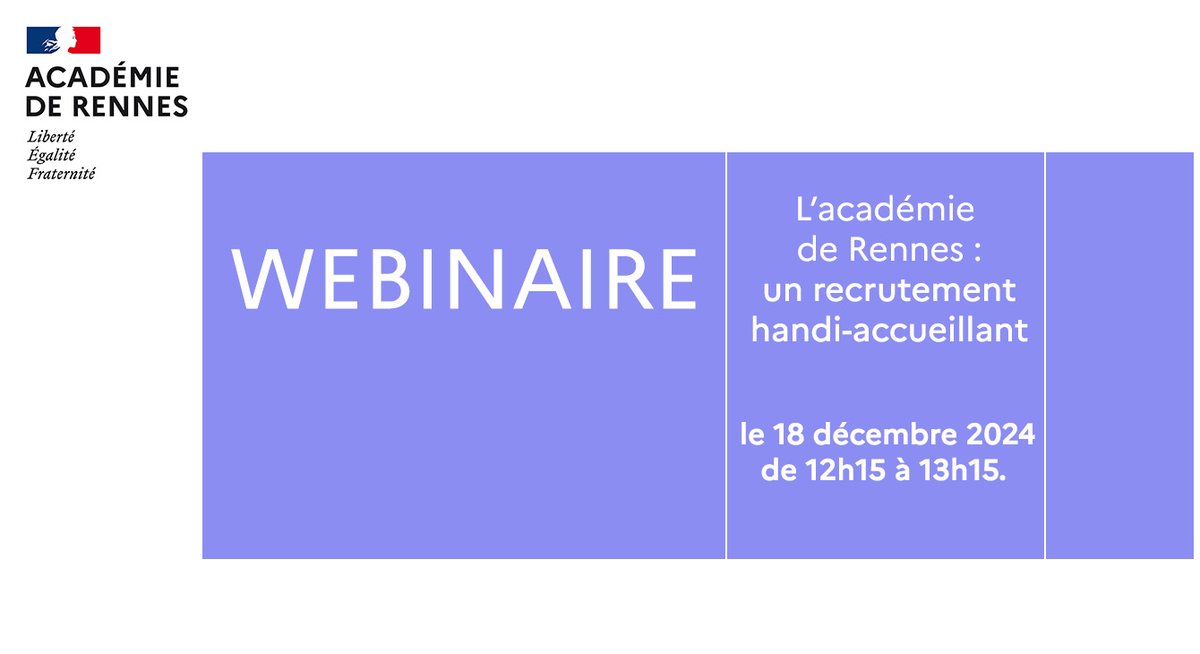 acrennes's tweet photo. Recrutement | Vous êtes bénéficiaire de l'obligation d'emploi et intéressé par les métiers de l’Éducation nationale ? Participez au prochain webinaire "l'académie de Rennes : un recrutement handi-accueillant" 
📆le 18 décembre 2024 
🕛 12h15 à 13h15
 🖥 https://t.co/zmsN1mfFcF https://t.co/n2c1tbfk9v