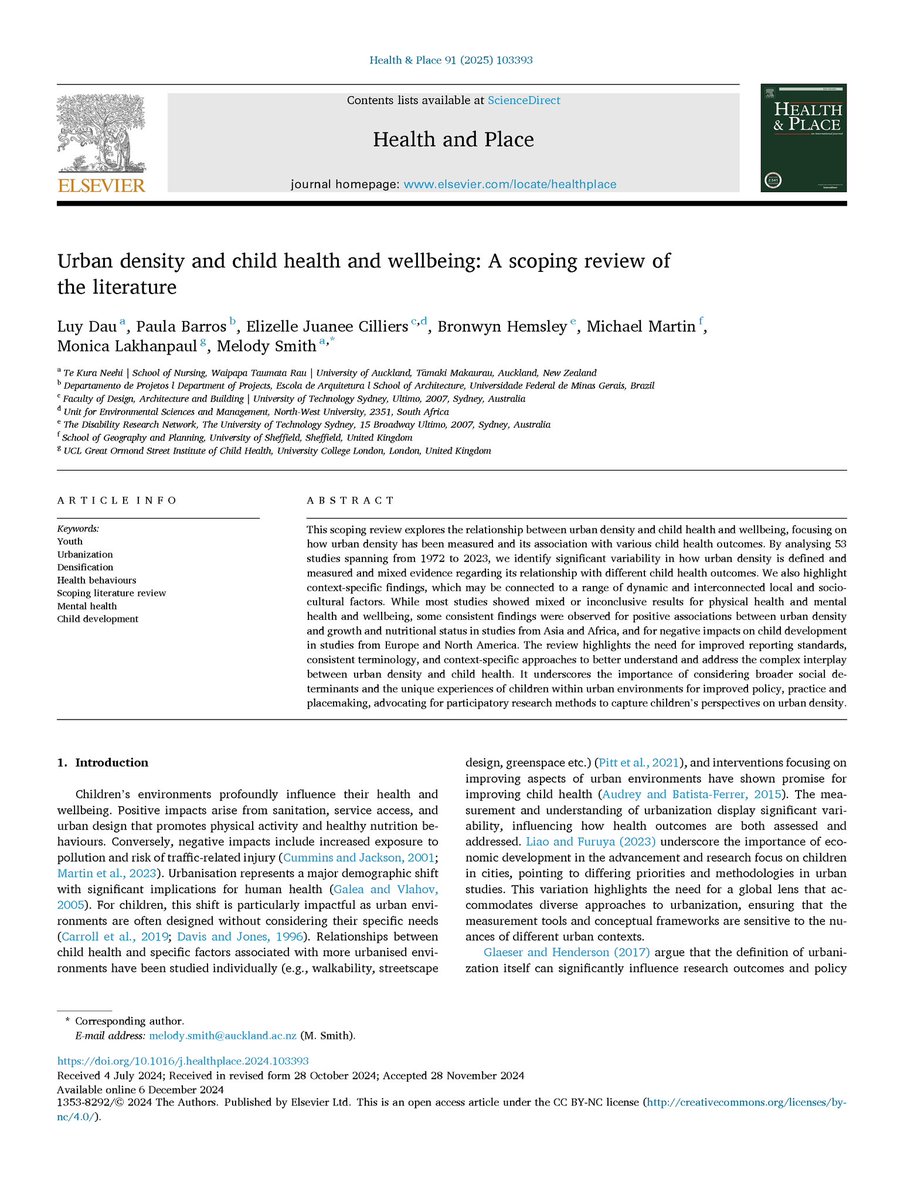 DrMicMartin's tweet photo. Brilliant collaborating w. #LuyDau @llpaulabarrosll @JuaneeC @BronwynHemsley @ProfLakhanpaul @MelOliverSmith 🌎

We explore the relationship between ‘Urban Density and Child Health &amp; Wellbeing’ published in @socscimed Health &amp; Place

Fully Free to Access: https://t.co/vua1SjUq3F https://t.co/mCUf7z0PTN