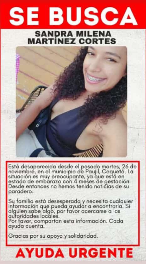 silfredojp's tweet photo. Sandra Milena Martínez es una líder social de 28 años, con 4 meses de embarazo, que está desaparecida desde el 26 de noviembre en Paujil, Caquetá.
Ayúdanos para que Sandra Milena Martinez regrese a casa. Comparte este posteo. Cualquier información a la línea 165 de @GaulaPolicia https://t.co/ANBx9BRg3L