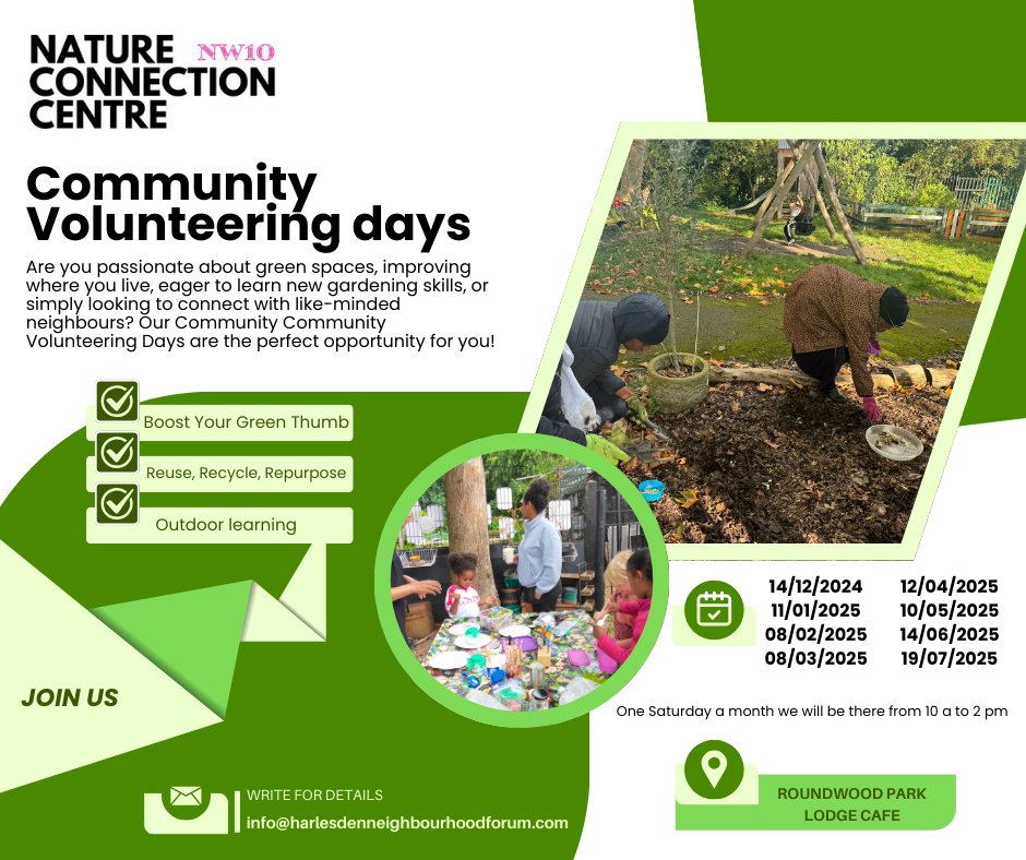 #Harlesden, we are launching the monthly community days #natureconnectioncentre <a href="/Roundwoodcafe/">RoundwoodLodgeCafe</a>. FIRST DATE this Saturday,14th December 2024. Come and join us to maintain and improve the space for everyone to enjoy.🌳🌳🍀🔨🔧🖌️🎨