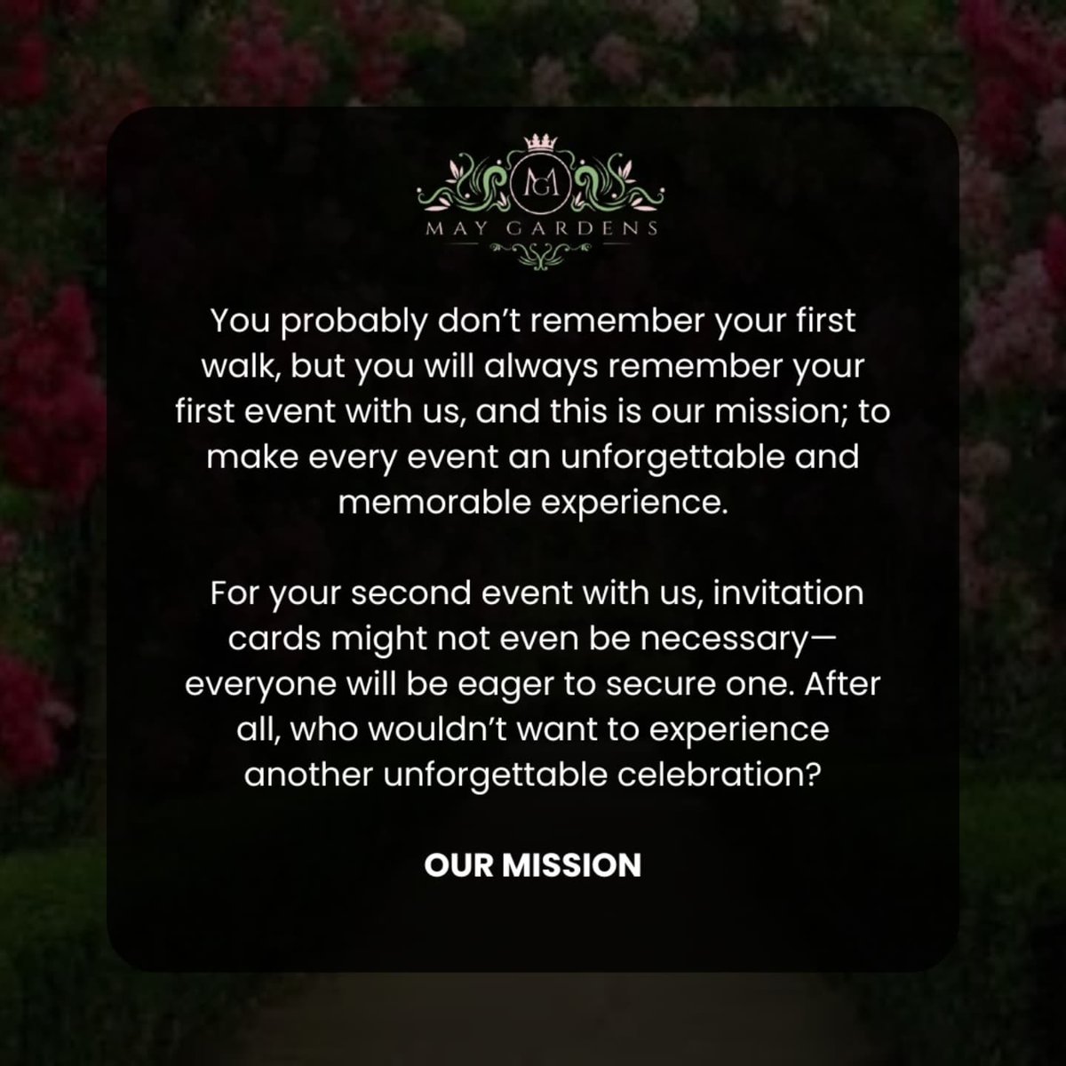 MayGardensng's tweet photo. This is our story, our why, our reason!

#maygardensunveiled #maygardenseventcenter #maygardensjourney #missionstatement #visionstatement #brandstory #fromgroundtogreatness #celebratetheMGway #MGevents https://t.co/ZmocdDHxPm