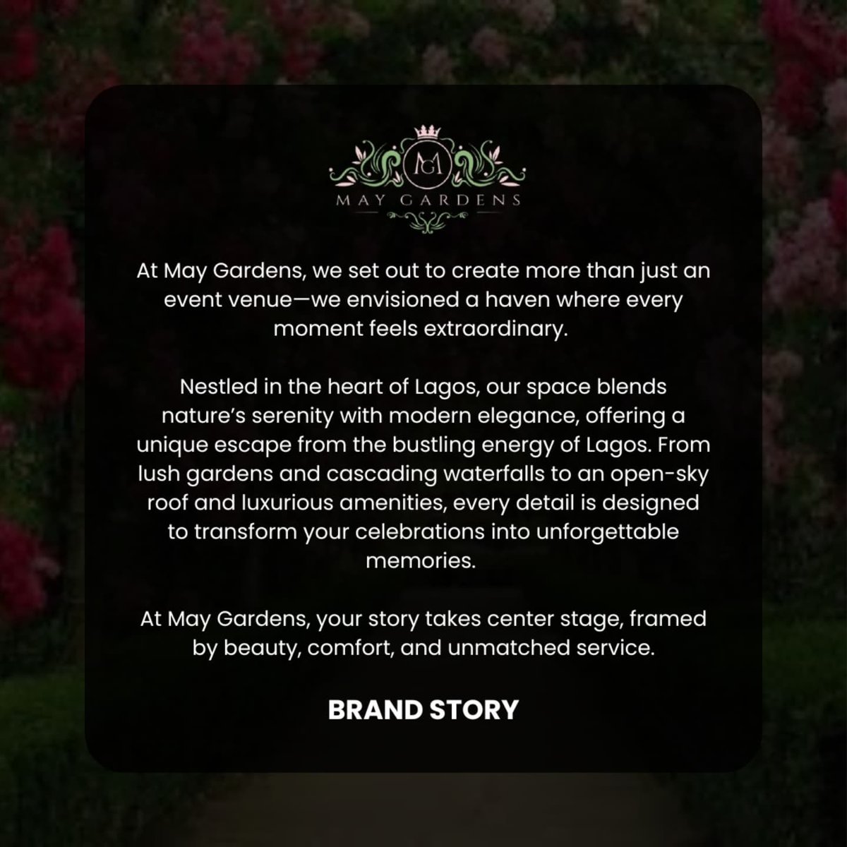 MayGardensng's tweet photo. This is our story, our why, our reason!

#maygardensunveiled #maygardenseventcenter #maygardensjourney #missionstatement #visionstatement #brandstory #fromgroundtogreatness #celebratetheMGway #MGevents https://t.co/ZmocdDHxPm