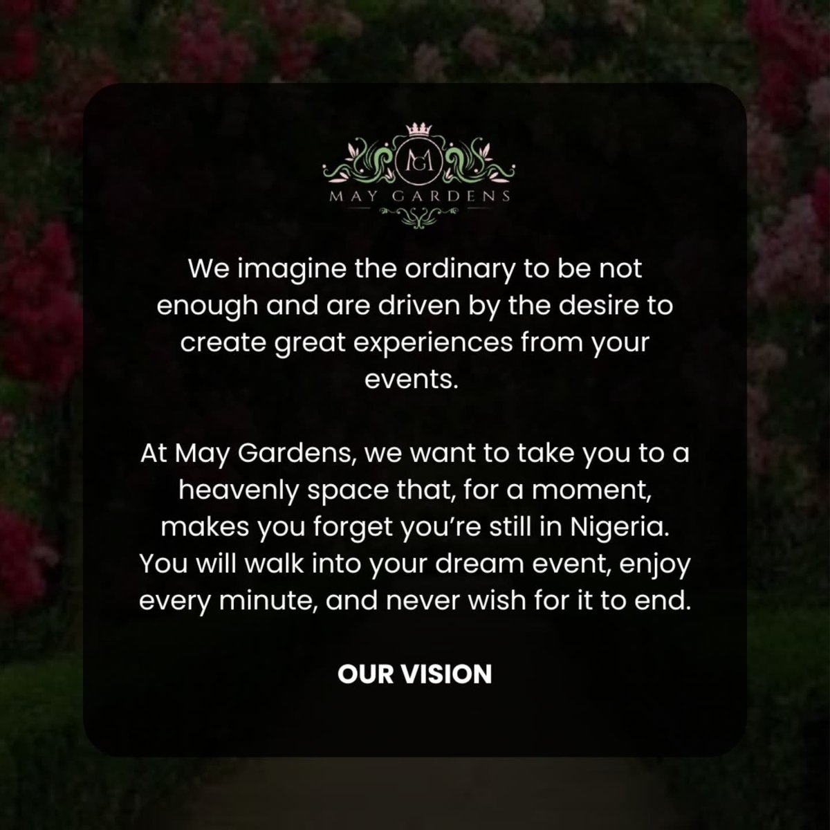 MayGardensng's tweet photo. This is our story, our why, our reason!

#maygardensunveiled #maygardenseventcenter #maygardensjourney #missionstatement #visionstatement #brandstory #fromgroundtogreatness #celebratetheMGway #MGevents https://t.co/ZmocdDHxPm