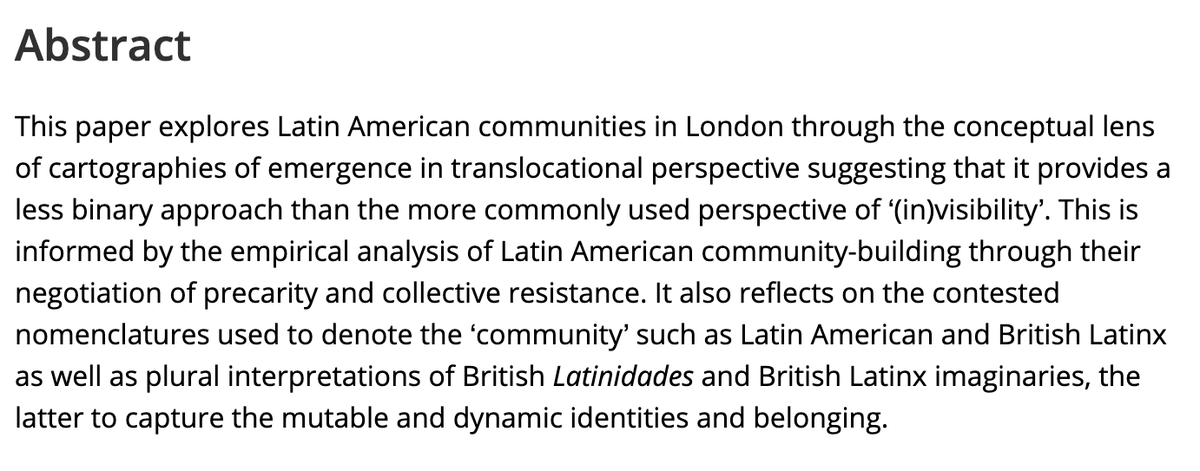 SLAS Society for Latin American Studies (@slaslatam) on Twitter photo 🚨NEW BLAR's ARTICLE🚨
'Cartographies of Emergence of Latin American Communities and British Latinx Imaginaries in London' by Cathy McIlwaine (<a href="/McIlwaineC/">Cathy McIlwaine (@cathymcilwaine.bsky.social)</a>).
<a href="/KCL/">KCL</a> <a href="/LatAmB/">Latin America Bureau (LAB)</a>
#OpenAccess #LatinAmericanStudies
READ HERE onlinelibrary.wiley.com/doi/full/10.11… 🚨NEW BLAR's ARTICLE🚨
'Cartographies of Emergence of Latin American Communities and British Latinx Imaginaries in London' by Cathy McIlwaine (<a href="/McIlwaineC/">Cathy McIlwaine (@cathymcilwaine.bsky.social)</a>).
<a href="/KCL/">KCL</a> <a href="/LatAmB/">Latin America Bureau (LAB)</a>
#OpenAccess #LatinAmericanStudies
READ HERE onlinelibrary.wiley.com/doi/full/10.11…