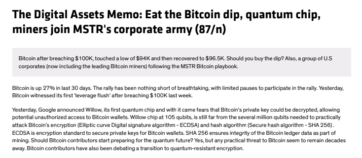 Bernstein analyst note on Google's Willow against Bitcoin.