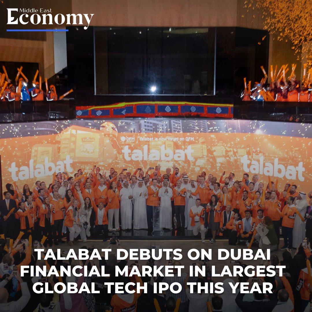 Economy_ME's tweet photo. Dubai Financial Market (@DFMalerts) celebrated the landmark listing of @Talabat, whose AED7.5 billion ($2.0 billion) IPO marks 2024’s largest global tech IPO, the GCC’s biggest IPO this year, and DFM’s first technology sector IPO.
Read more: https://t.co/mptihEkJr5
#Talabt #Dubai #IPO #Investment #Markets