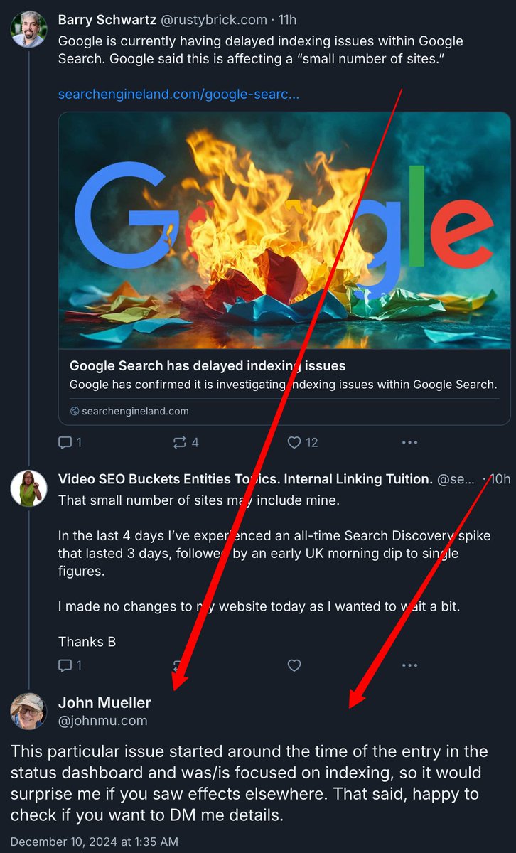 rustybrick's tweet photo. Google's indexing issue is not fully resolved yet but @JohnMu did confirm it started around 6:30pm ET yesterday - story updated at https://t.co/x0JHpTaDui https://t.co/psiW7OIHx3