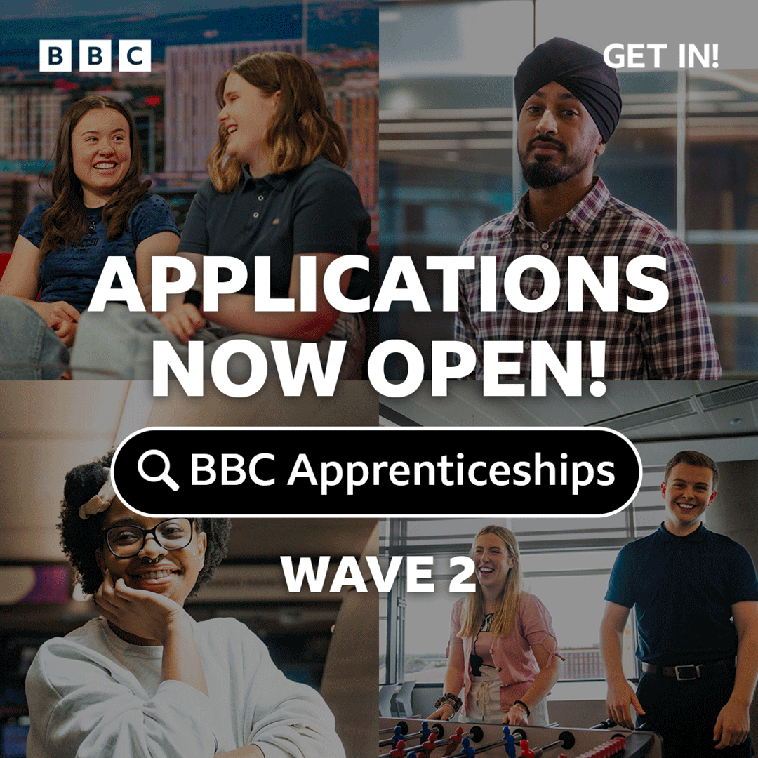 BBCGetIn's tweet photo. 🚀 Applications are now open for our final wave of #BBCApprenticeships!

🔎 Head to https://t.co/Oe4ChltTNZ to apply.

✨ Ready to start your career at the BBC and want an alternative to the university route? Our Level 3-5 Production and Business apprenticeships could be for you! https://t.co/utd9fm7Tb4