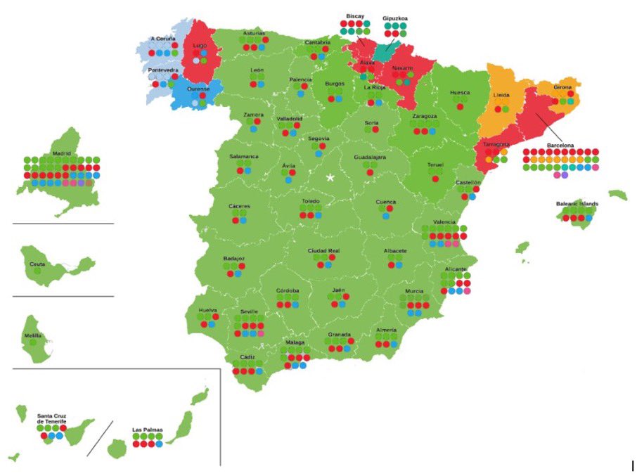 herqles_es's tweet photo. 🇪🇸 | Según la última encuesta de intención de voto, este sería el mapa electoral de España si solo votasen los jóvenes de 18 a 24 años. https://t.co/TSDPuMhAEp