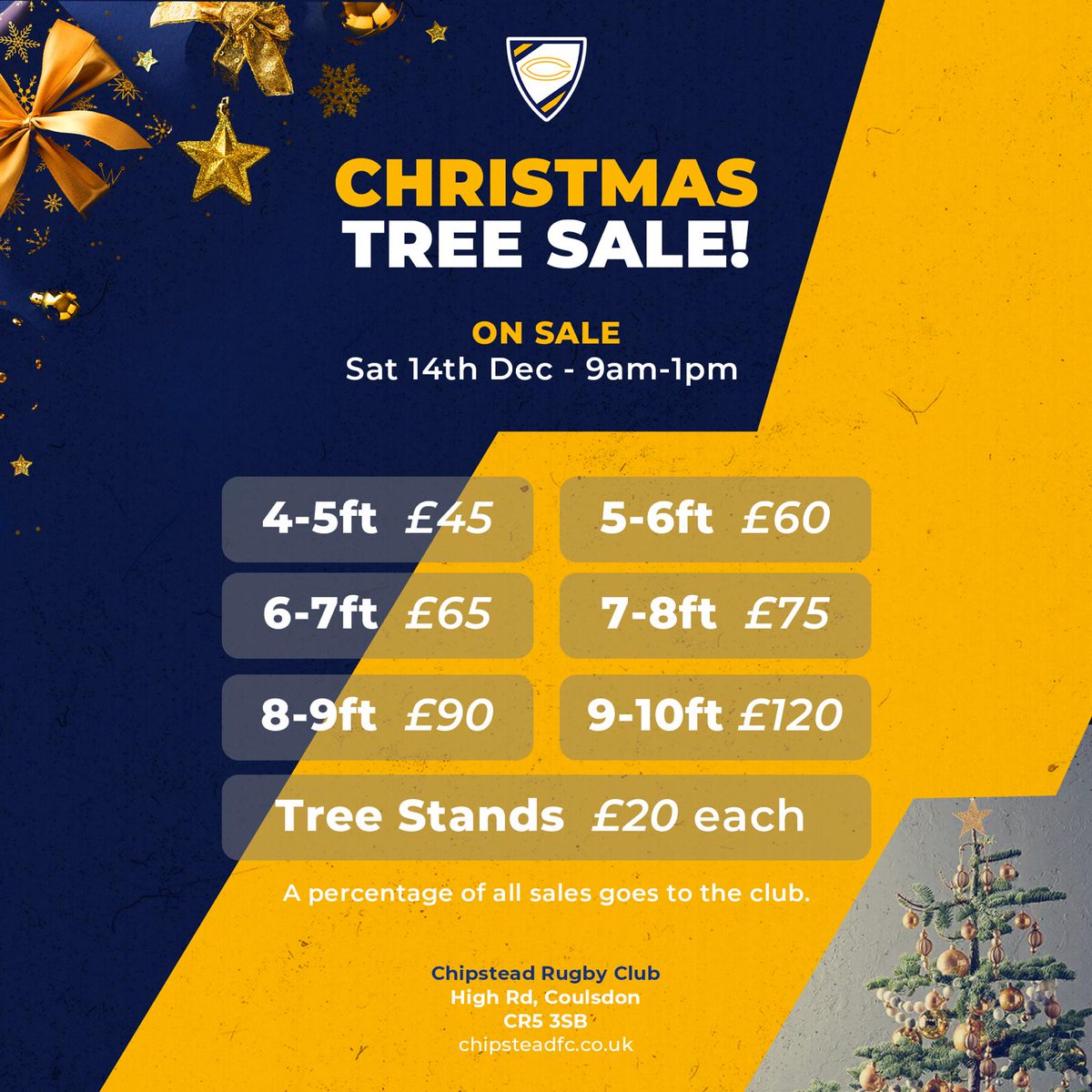 🎄✨ Still on the hunt for the perfect Christmas tree? Look no further! Swing by Chipstead RFC this Saturday and let’s deck the halls together! 🌟 Bring your festive spirit and find your tree-tastic match. Can’t wait to see you there! 🎉🌲