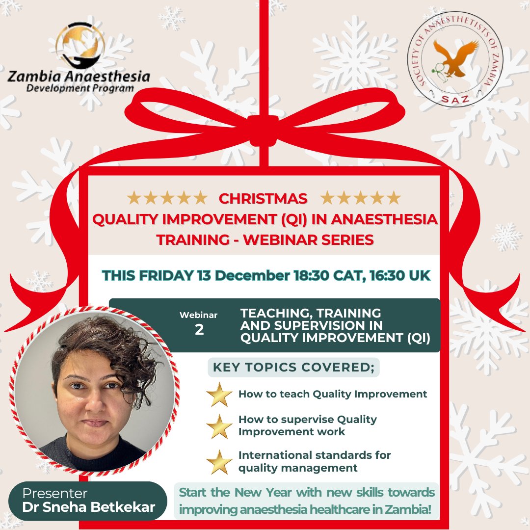 GADP (@gadpartnerships) on Twitter photo 🎄 Join us this Friday 13th Dec for Part 2 of our expert-led webinar series on Quality Improvement (QI) 🌟
✅ Already registered? Check your inbox for calendar invite & Zoom link.
✅ New to the series? Email us at anaesthesiazambia@gmail.com
We can’t wait to see you there! ✨ 🎄 Join us this Friday 13th Dec for Part 2 of our expert-led webinar series on Quality Improvement (QI) 🌟
✅ Already registered? Check your inbox for calendar invite & Zoom link.
✅ New to the series? Email us at anaesthesiazambia@gmail.com
We can’t wait to see you there! ✨