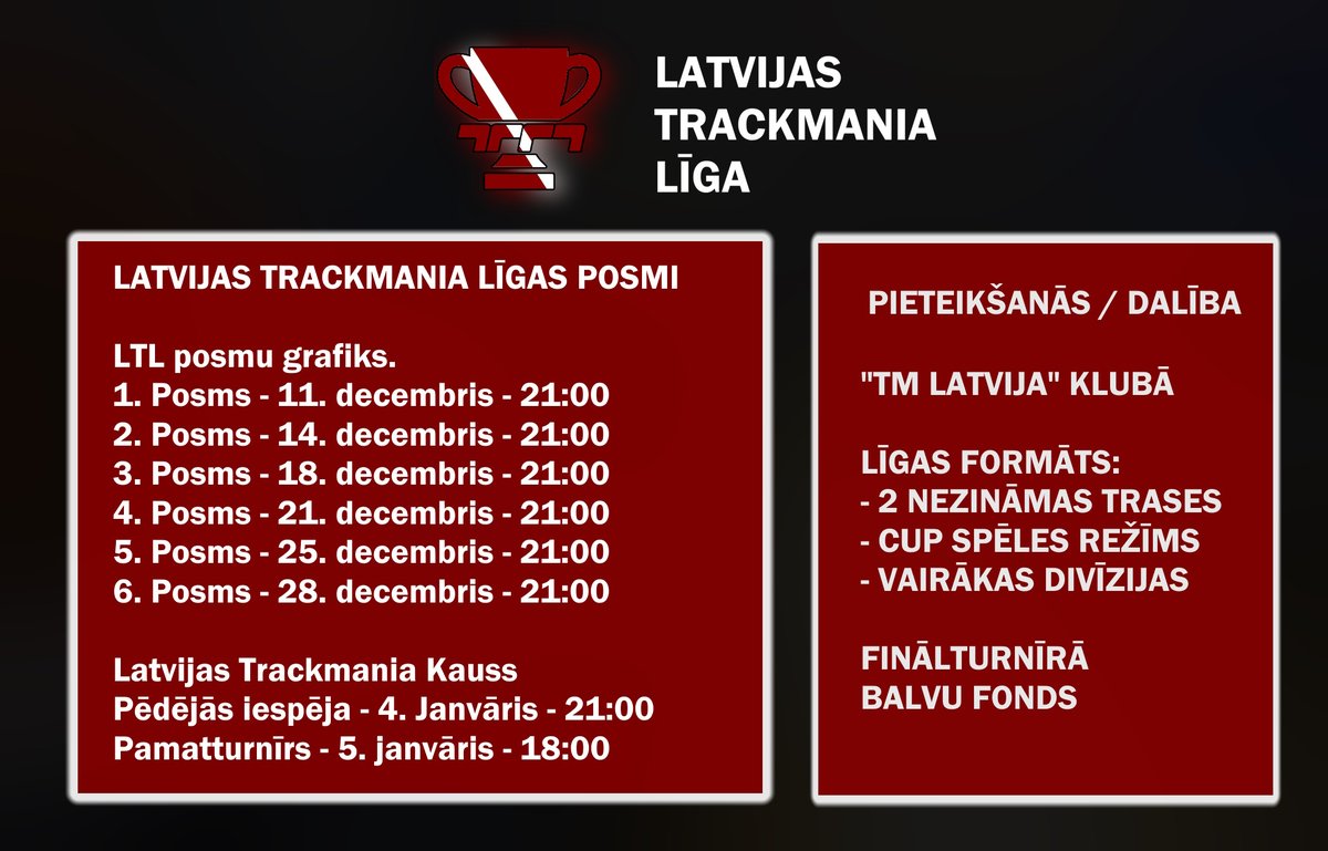 🇱🇻LATVIJAS TRACKMANIA LĪGA🇱🇻

📅POSMU UN TURNĪRU GRAFIKS
- Līgas posmi: 11-28.12.2024.

- Latvijas Trackmania Kauss: 4-5.01.2025.

🔵Vairāk info: discord.gg/G9nr3Pa

#Trackmania | #LTL