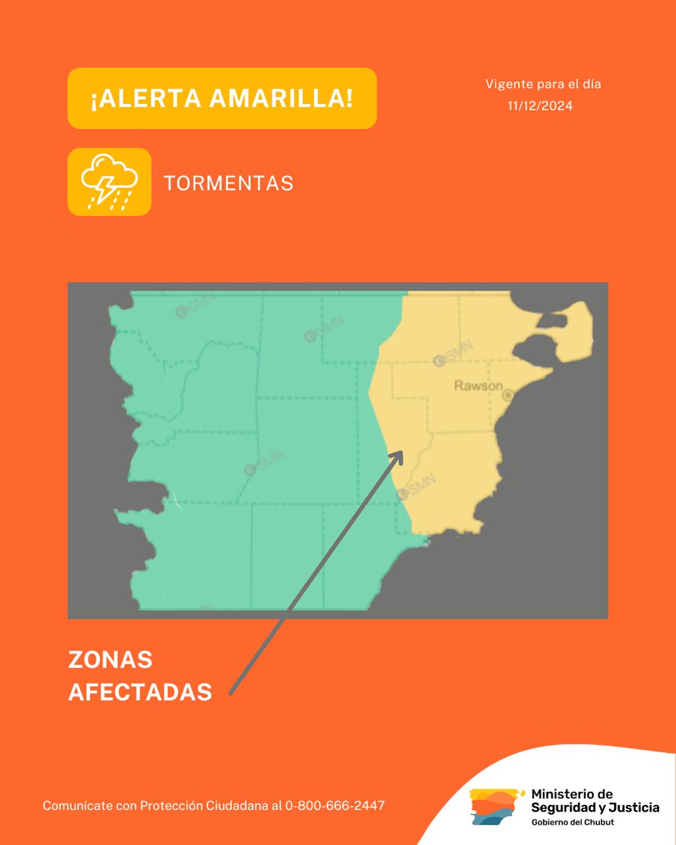 ⚠ La Subsecretaría de Protección Ciudadana dependiente del Ministerio de Seguridad y Justicia, informa sobre la zona de cobertura del alerta amarillo por tormentas, emitido por el Servicio Meteorológico Nacional prevista para la mañana - mediodía del 11 de diciembre .