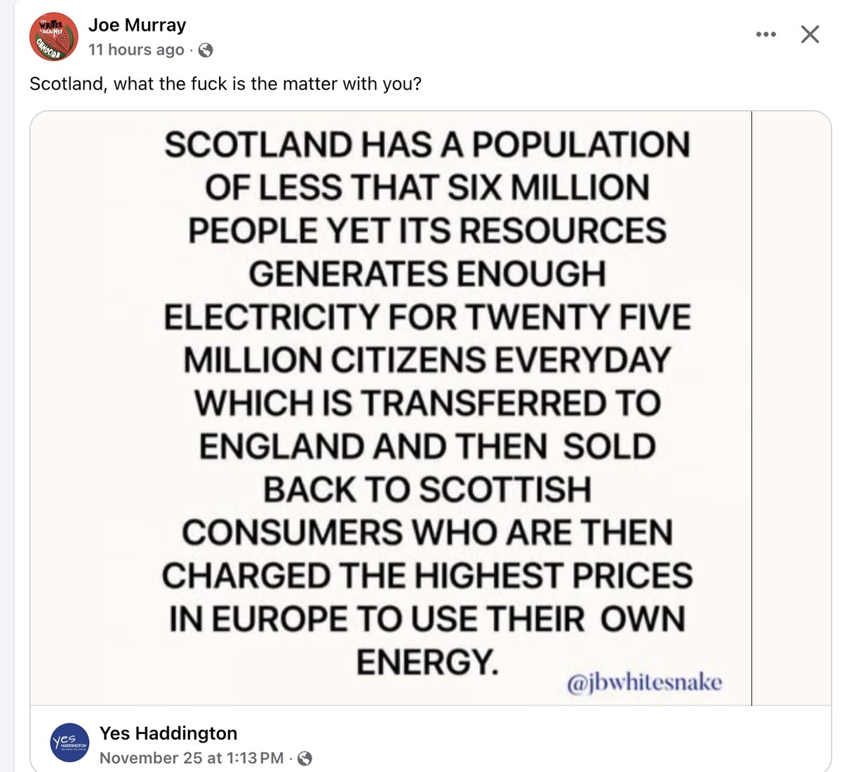 ScotsIndyTweets's tweet image. Joe Murray, I couldn't have put it better myself. 

Scots are charged the highest prices in Europe to use their own energy. 

#IndependenceDay #FreeScotlandFromColonialControl #LabourAreLiars