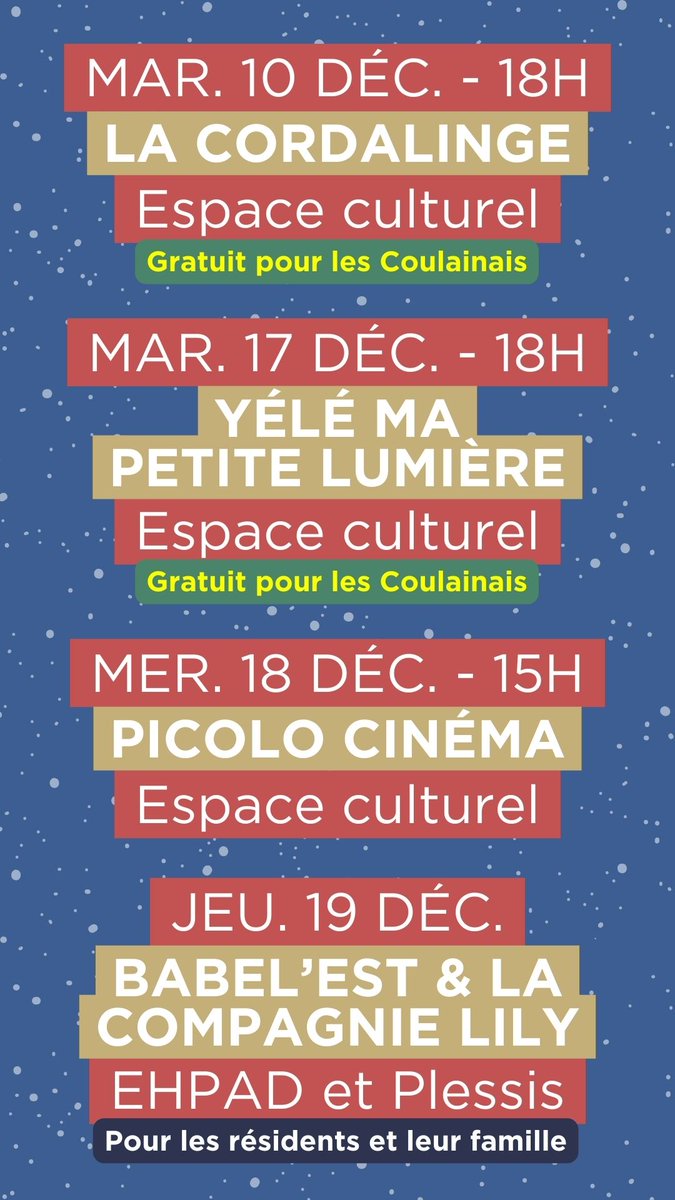 Ville de Coulaines (@coulaines) on Twitter photo ☃️ C'est parti pour le Festival de #Noël "En attendant la neige" ! Du 10 décembre au 19 décembre, voici les rendez-vous à ne pas manquer. Invitations à retirer à l'accueil de la mairie.
<a href="/ch_rouillon/">Christophe Rouillon</a> ☃️ C'est parti pour le Festival de #Noël "En attendant la neige" ! Du 10 décembre au 19 décembre, voici les rendez-vous à ne pas manquer. Invitations à retirer à l'accueil de la mairie.
<a href="/ch_rouillon/">Christophe Rouillon</a>