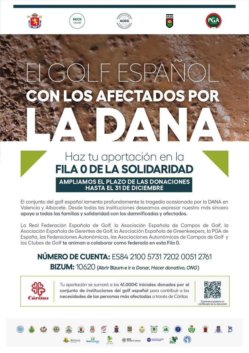 rfegolf's tweet photo. Últimos días de la campaña de ayuda a los afectados por la DANA impulsada por el Golf Español.

Se lleva recaudado cerca de 1⃣1⃣5⃣.0⃣0⃣0⃣ euros, que serán destinados a Cáritas de las zonas afectadas.
https://t.co/XLehFBHzV6

📸Descarga de cartelería
https://t.co/iW9G16Ucmd https://t.co/OKCj8bYPpk