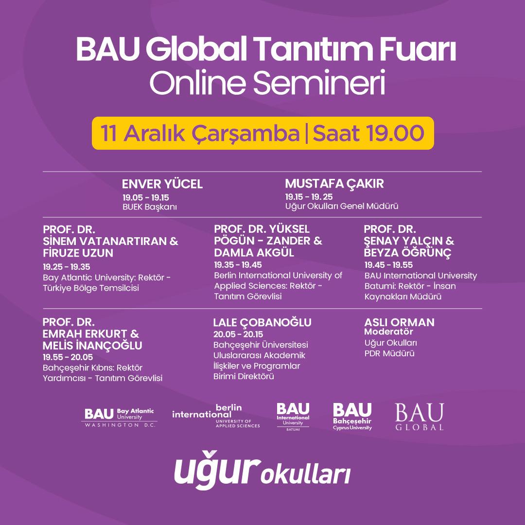 Uğur Okulları olarak, BAU Global Tanıtım Fuarı Semineri'nde yerimizi alıyoruz! Yurt dışı eğitim fırsatlarını ve Uğurlu öğrencilerimize sunduğumuz avantajları keşfetmek için tüm velilerimiz seminerimize davetlidir. 🗓 Tarih: 11 Aralık Çarşamba 

#UğurluOlmak