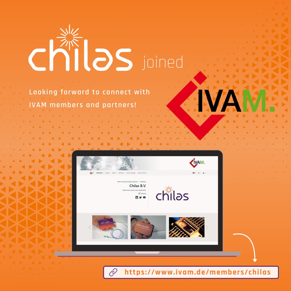 Chilas Lasers (@chilaslasers) on Twitter photo We’re excited to join the <a href="/IVAM_micro/">IVAM Microtechnology</a> ! 🤝
As part of Chilas' 2025 rebranding, we’re eager to connect, collaborate, and innovate with the ecosystem. IVAM members, let’s chat! 🌟
➤ Our member profile: ivam.de/members/chilas
➤ Rebranding sneak peek: chilasbv.com/a-fresh-chapte… We’re excited to join the <a href="/IVAM_micro/">IVAM Microtechnology</a> ! 🤝
As part of Chilas' 2025 rebranding, we’re eager to connect, collaborate, and innovate with the ecosystem. IVAM members, let’s chat! 🌟
➤ Our member profile: ivam.de/members/chilas
➤ Rebranding sneak peek: chilasbv.com/a-fresh-chapte…