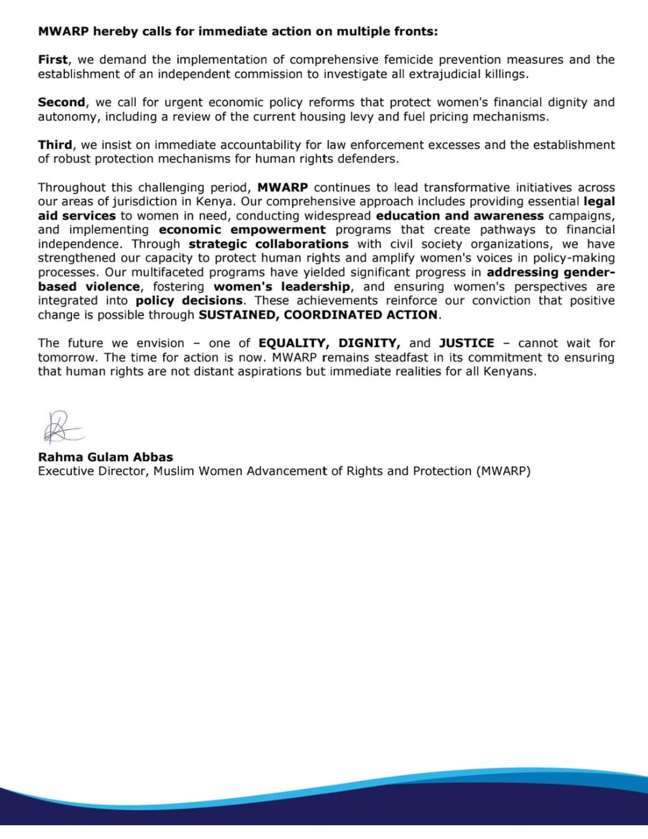Muslim Women Advancement of Rights and Protection (@mwarpkenya) on Twitter photo Today, on International Human Rights Day #IHRD 2024, <a href="/Mwarpkenya/">Muslim Women Advancement of Rights and Protection</a> releases a sobering statement on the state of #HumanRights Kenya. With 90-plus women lost to femicide in just three months and rising cases of extrajudicial killings, we call for immediate action to protect women's Today, on International Human Rights Day #IHRD 2024, <a href="/Mwarpkenya/">Muslim Women Advancement of Rights and Protection</a> releases a sobering statement on the state of #HumanRights Kenya. With 90-plus women lost to femicide in just three months and rising cases of extrajudicial killings, we call for immediate action to protect women's