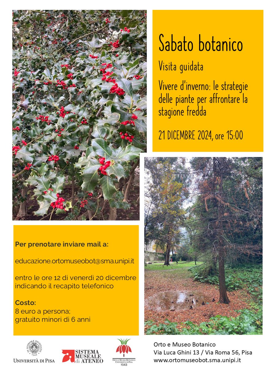 SMA_Unipi (@sma_unipi) on Twitter photo Sabato botanico -Vivere d’inverno: le strategie delle piante per affrontare la stagione fredda – 21/12, ore 15. Prenotazione obbligatoria ortomuseobot.sma.unipi.it/2024/12/sabato…
<a href="/Unipisa/">Università di Pisa</a>
<a href="/Orto_unipi/">Orto e Museo Botanico di Pisa</a>
<a href="/Dip_Bio_Unipi/">Dipartimento di Biologia - UniPisa</a>
<a href="/PisaTurismo/">Pisa Turismo</a>
<a href="/TerrediPisa/">Terre di Pisa</a>
<a href="/PisaNews/">PisaNews</a>
<a href="/PisaToday/">PisaToday</a>
<a href="/iltirreno/">Il Tirreno</a>
<a href="/qn_lanazione/">La Nazione</a> Sabato botanico -Vivere d’inverno: le strategie delle piante per affrontare la stagione fredda – 21/12, ore 15. Prenotazione obbligatoria ortomuseobot.sma.unipi.it/2024/12/sabato…
<a href="/Unipisa/">Università di Pisa</a>
<a href="/Orto_unipi/">Orto e Museo Botanico di Pisa</a>
<a href="/Dip_Bio_Unipi/">Dipartimento di Biologia - UniPisa</a>
<a href="/PisaTurismo/">Pisa Turismo</a>
<a href="/TerrediPisa/">Terre di Pisa</a>
<a href="/PisaNews/">PisaNews</a>
<a href="/PisaToday/">PisaToday</a>
<a href="/iltirreno/">Il Tirreno</a>
<a href="/qn_lanazione/">La Nazione</a>