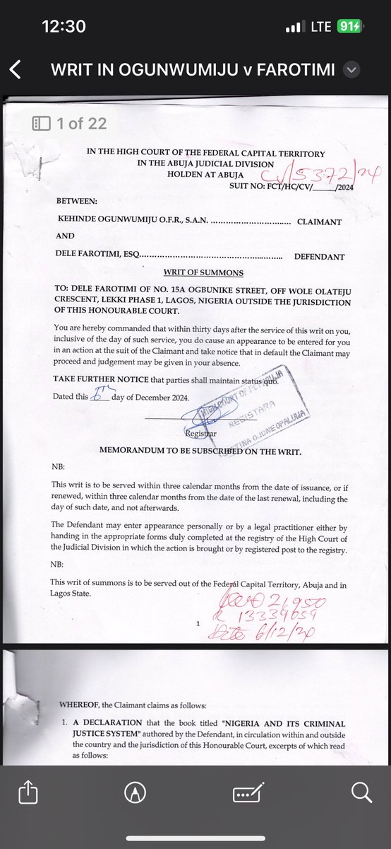 ataweweattorney's tweet photo. Writ of summons and motion for interlocutory injunction 

Ogunwunmiju,SAN v Dele Farontinmi  (500 million damages)

We have a long way to go 😂😂😂😂 @ridwanullah @sweeterdanhonyy @tunmishe_ @darknbold1 https://t.co/Ahq9PPOLE5