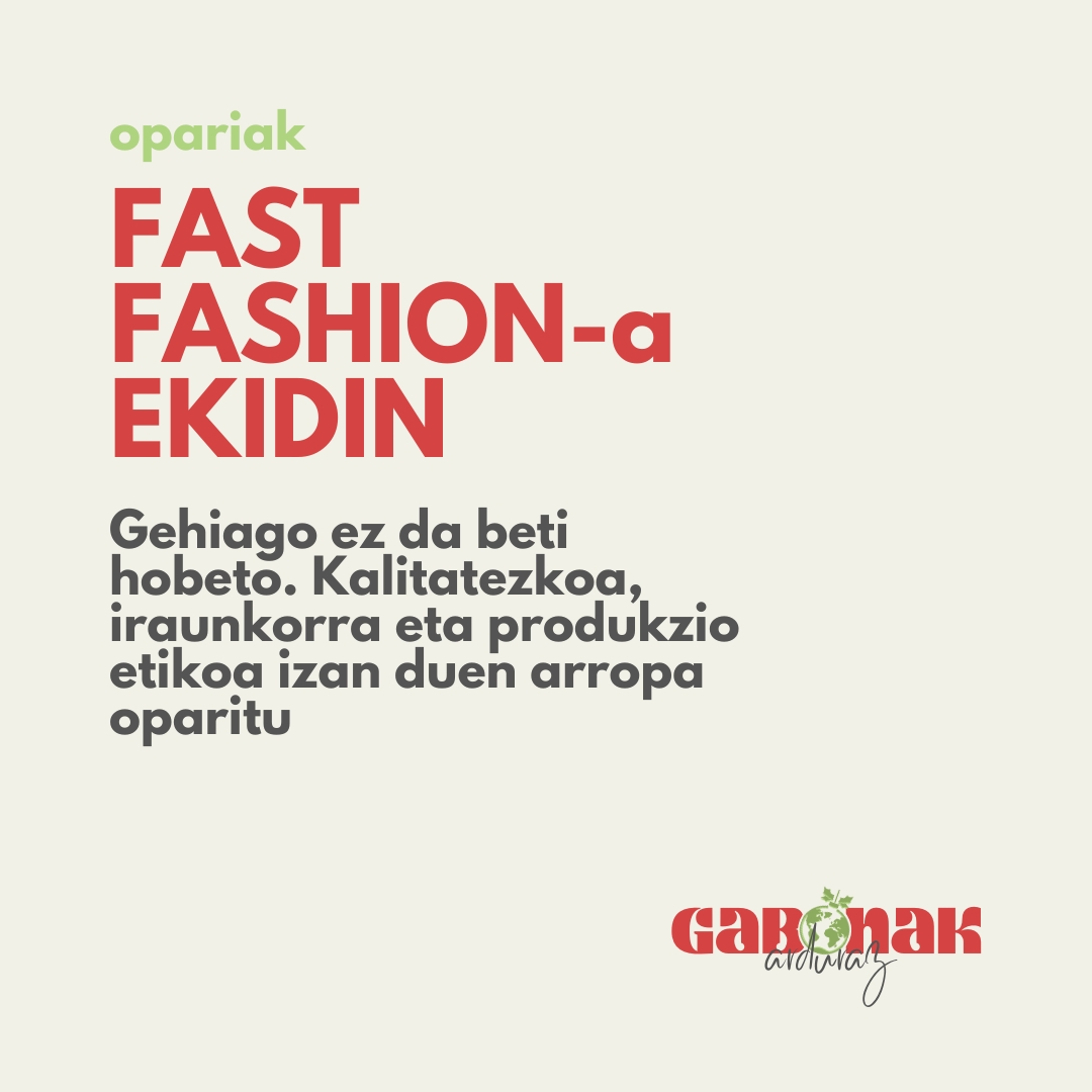 Saretuz's tweet photo. 🧶 Zein dira fast fashion-aren ezaugarriak?
.
▪️Ekoizpen handiak epe labur batean
▪️Kalitate txikiagoko materialak eta lan-baldintza eskasak.
▪️Bizitza erabilgarri laburra duten eta modatik azkar pasatzen diren jantziak.
▪️Ingurumen-inpaktu handia
.
#gabonakarduratsu https://t.co/98zo7m5Srn
