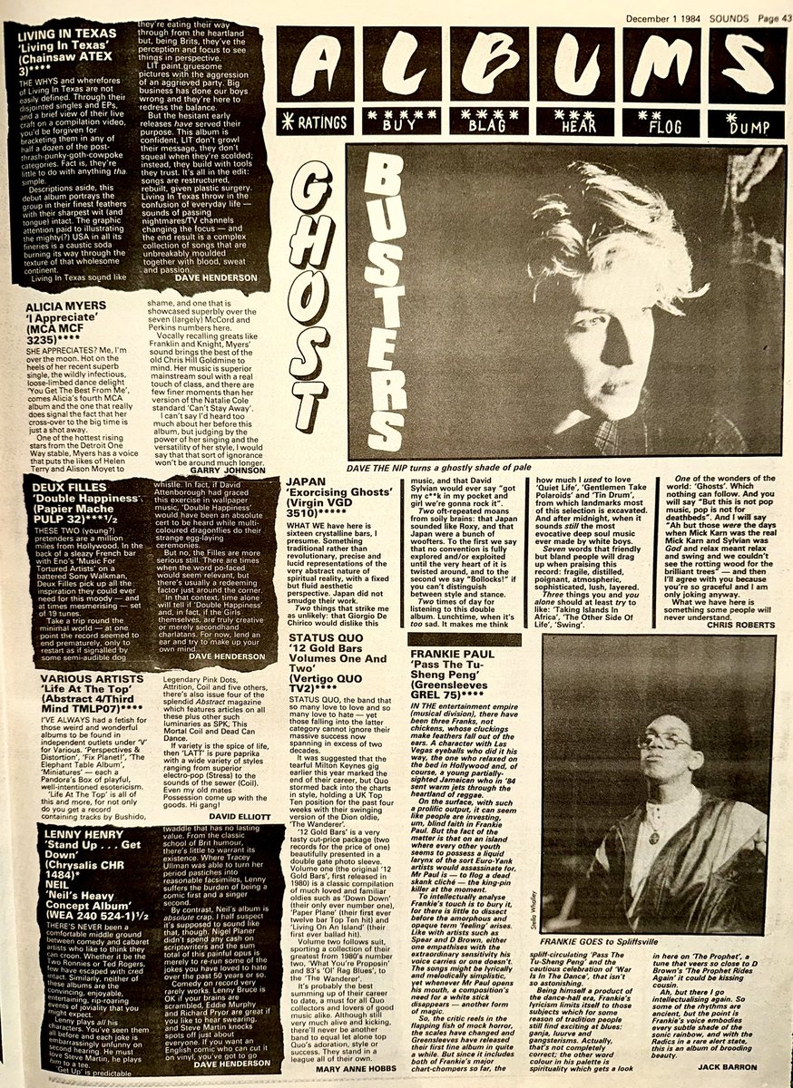 ZoundsAbound's tweet photo. 5⭐️ LP reviews for ‘Exorcising Ghosts’ by #Japan from Chris Roberts, for ‘TheTower’ by #TheLegendaryPinkDots’ from Tibet &amp; for ‘Forget About The Danger’ by #TheLeroiBrothers

Solid reviews too for #LivingInTexas, #AliciaMyers &amp;  #TheScientists 

Sounds Dec 1st 1984 https://t.co/VgPJGhF5Hs