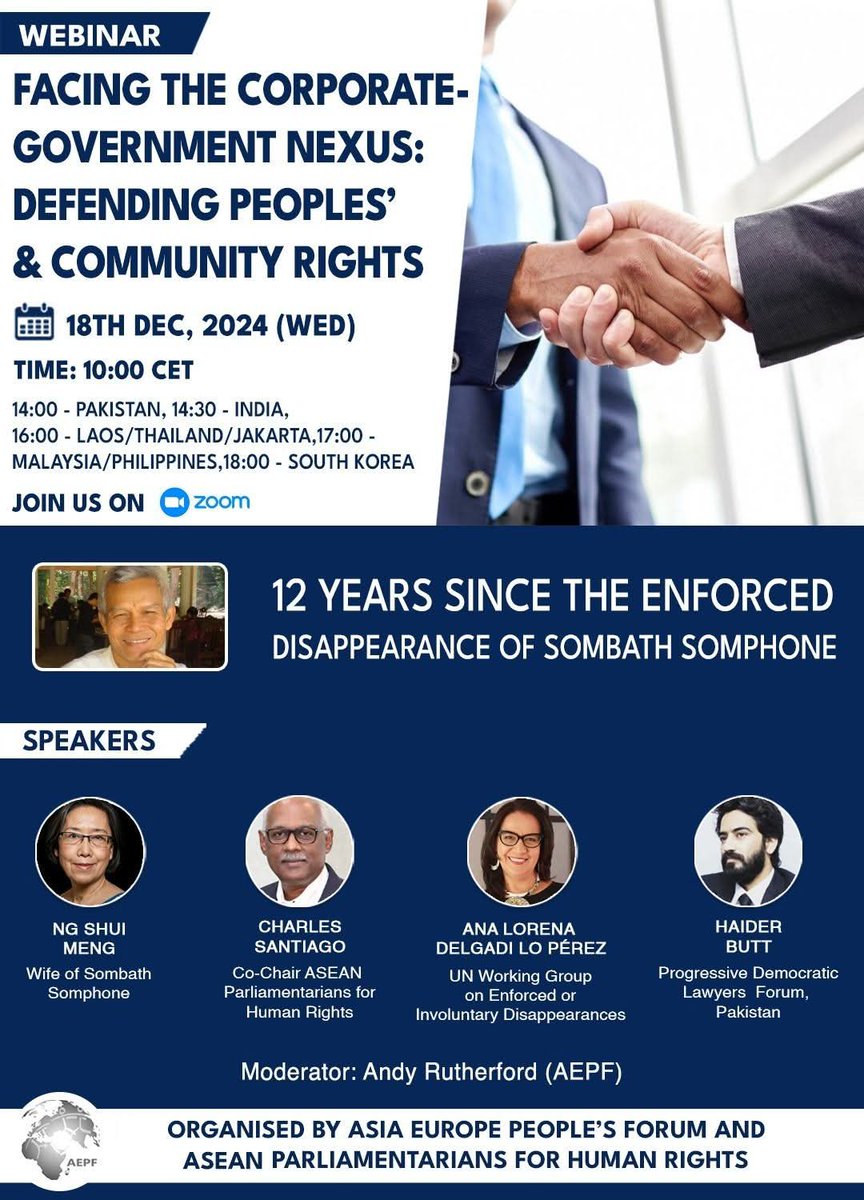 AEPF Remembers Sombath Somphone.

Webinar on defending people’s rights in the face of the corporate-government nexus.

Register Now: us02web.zoom.us/webinar/regist…