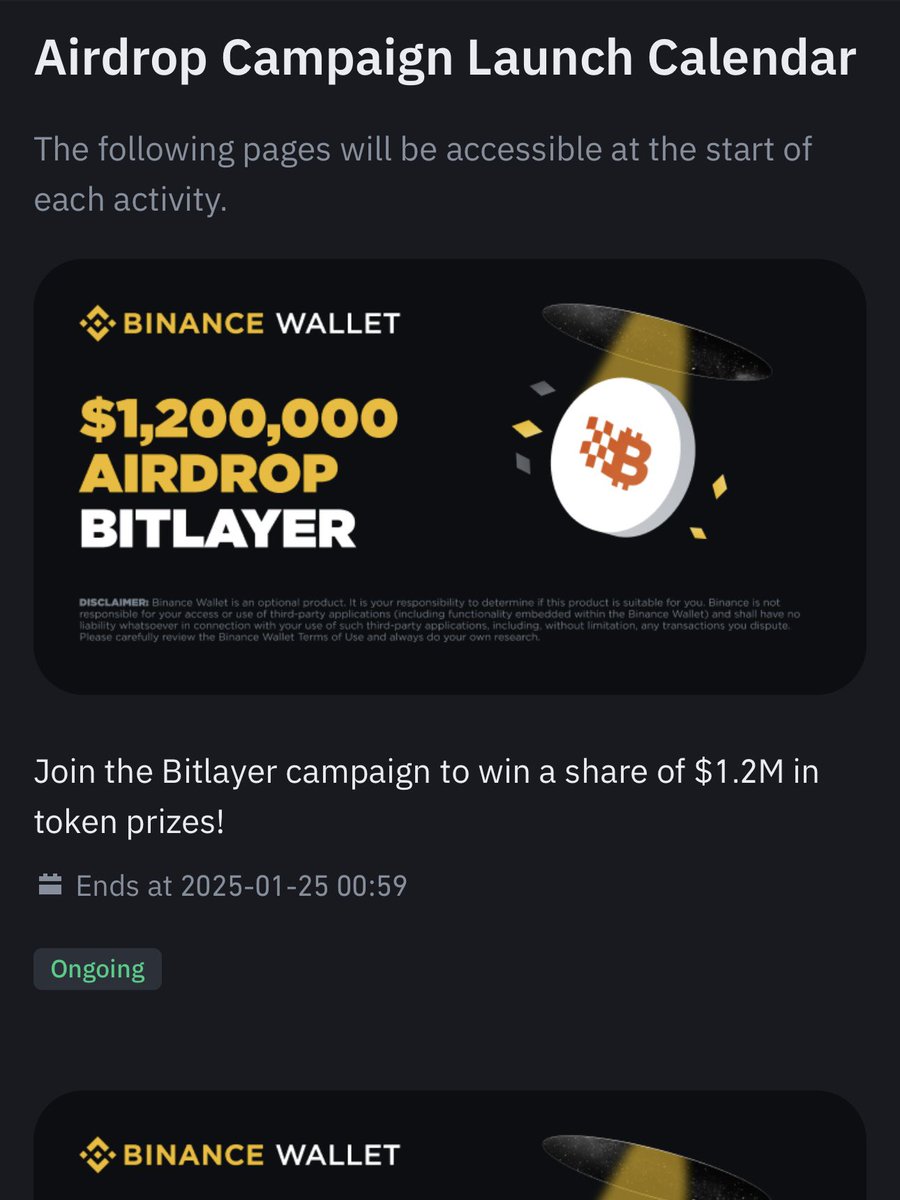 dianabinance's tweet image. $5M+ Airdrop alert 🚨🪂

#Binance is celebrating the revamped Binance Wallet with the $5M Airdrop Carnival!

Enjoy airdrops from Web3 projects like @BitlayerLabs @OrderlyNetwork and @prosperfi_xyz 

Promo runs from 2024-12-10 to 2025-02-28.