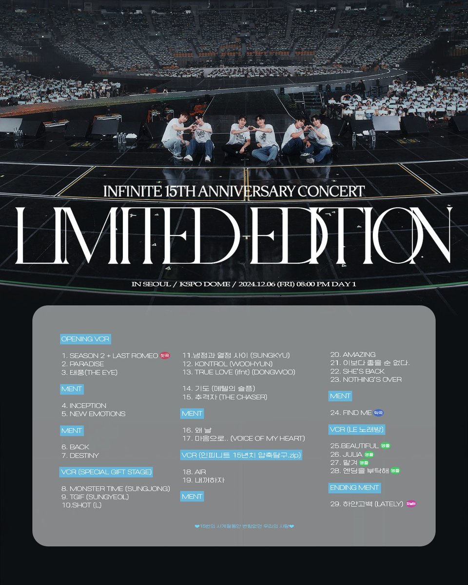 gvuz357's tweet photo. ✨🎉
INFINITE 15TH ANNIVERSARY CONCERT
LIMITED EDITION IN SEOUL SETLIST 
#인피니트 #INFINITE 

오타 혹은 수정사항 있을 경우 연락 주세요~!

https://t.co/voC8A2fkKY
https://t.co/AvxWCbl1S3
https://t.co/eh8oawcSd9