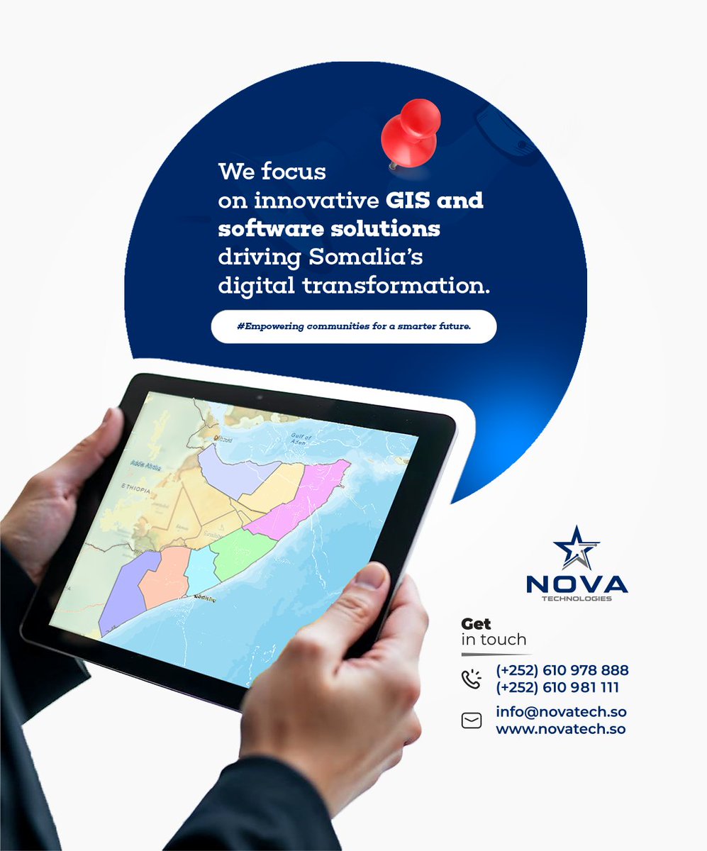 Novatech_so's tweet photo. 🌍 Empowering Somalia's Digital Future!
At Nova Technologies, we focus on innovative GIS and software solutions to drive digital transformation across Somalia. 🌐

Join us in building smarter communities through cutting-edge technology.
📞 Get in touch: (+252) 610 978 888 | (+252) 610 981 111
📧 info@novatech.so | 🌐 https://t.co/TDq71TqAzY
.
.
#DigitalTransformation #GIS #Innovation #NovaTechnologies #SomaliaTech