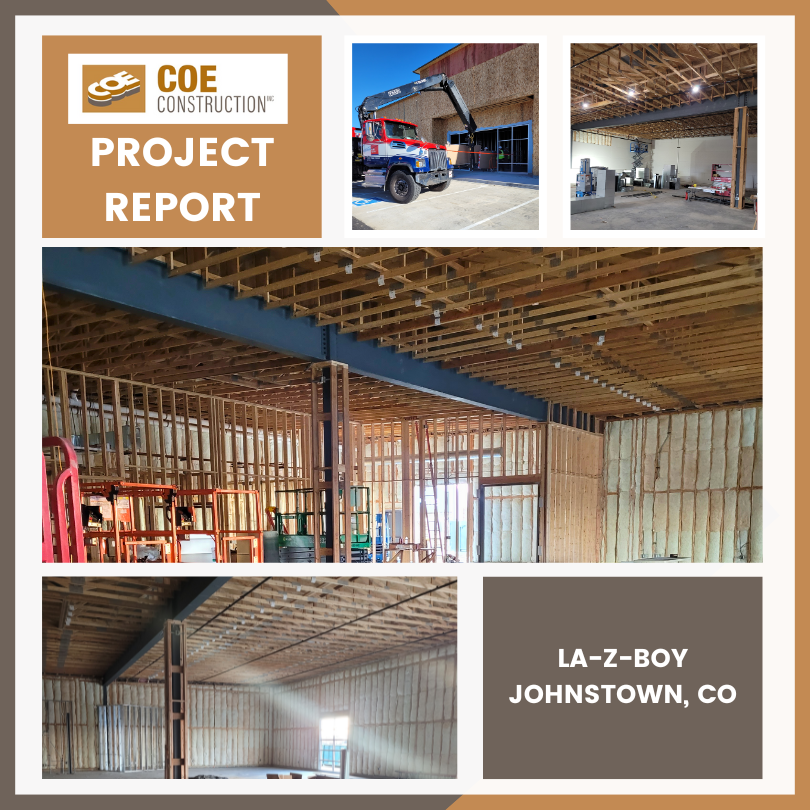 COEConstruct's tweet image. 🚧 Progress is in full swing at the La-Z-Boy project in Johnstown, CO! 🛋️ Our team is bringing expertise and precision to every detail. Stay tuned for updates as we bring this space to life! 💼 Explore more at coeconstruction.com. #ConstructionLife #BuildingColorado