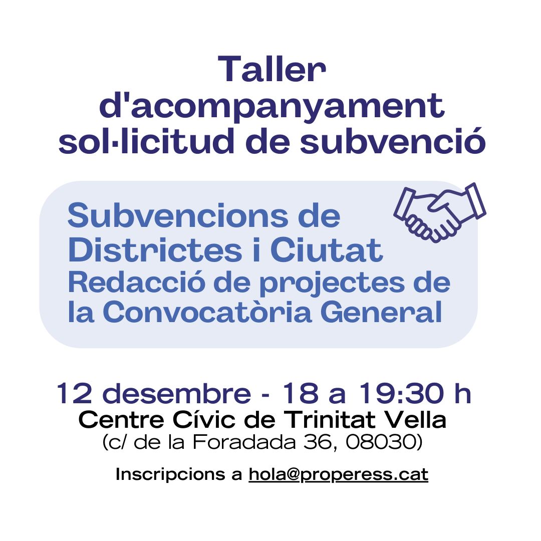BCN_SantAndreu (@bcn_santandreu) on Twitter photo Taller d'acompanyament de sol·licitud de subvencions a la #TrinitatVella. 
📆 Aquest dijous, 12 desembre, tindrà lloc de 18.00 a 19.30 hores aquesta sessió, adreçada a entitats del districte. Serà al centre cívic del barri i cal inscripció prèvia.
👉 ajuntament.barcelona.cat/santandreu/ca/… Taller d'acompanyament de sol·licitud de subvencions a la #TrinitatVella. 
📆 Aquest dijous, 12 desembre, tindrà lloc de 18.00 a 19.30 hores aquesta sessió, adreçada a entitats del districte. Serà al centre cívic del barri i cal inscripció prèvia.
👉 ajuntament.barcelona.cat/santandreu/ca/…